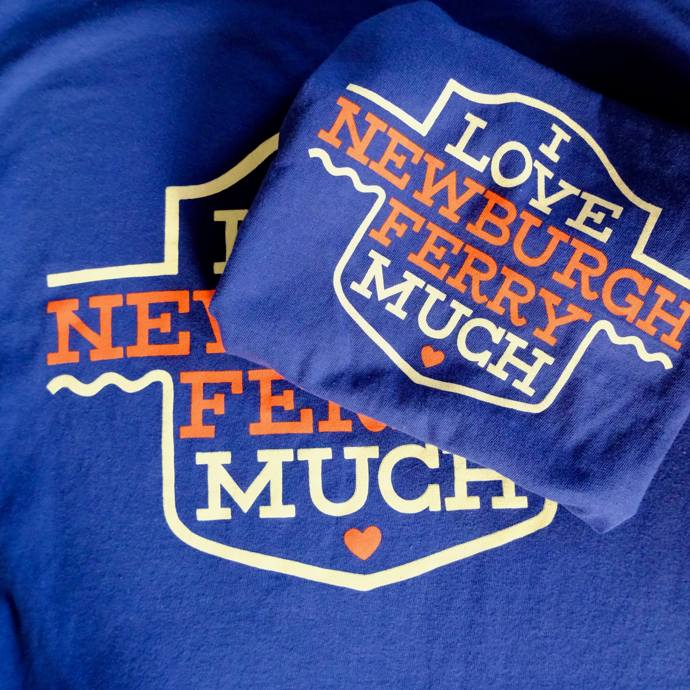 Blue T-Shirts with a design reading "I love Newburgh Ferry Much"