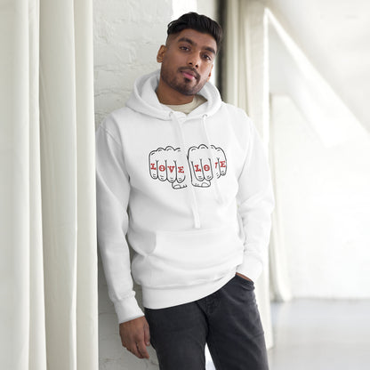 A white hoodie that reads "love love"